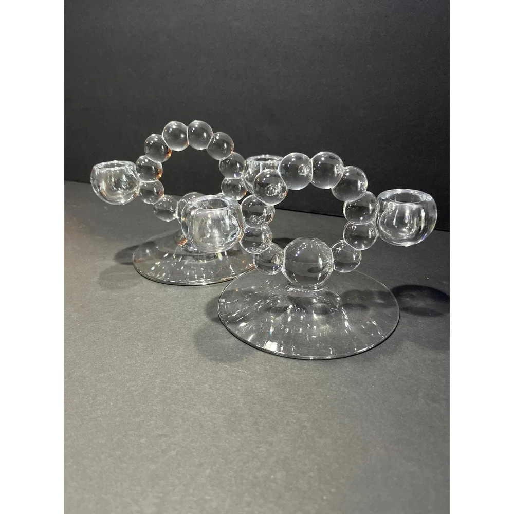 Vntg Clear Glass Bubble Ring Double Taper Candle Holders Pair Mid Century Style